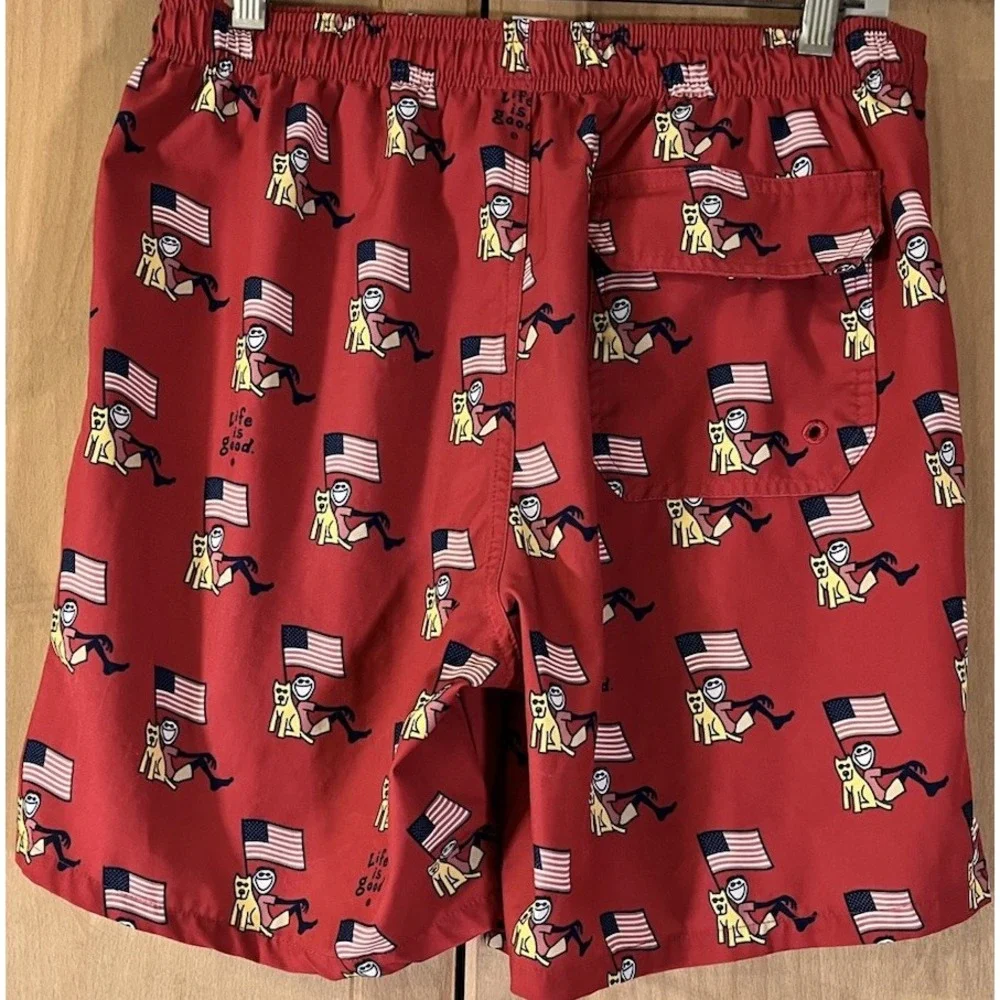 Life is Good Swim Trunks Men's Small Red American Flag Dog All Over Pockets Logo